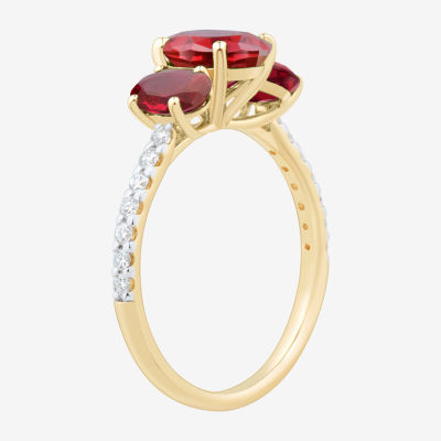Womens 1/5 CT. T.W. Lab Created Red Ruby 10K Gold 3-Stone Side Stone Cocktail Ring