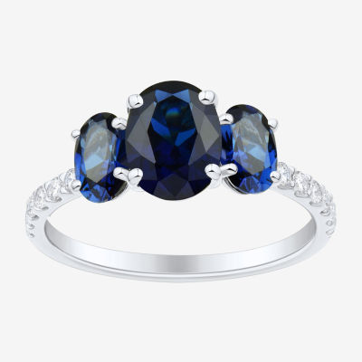 Womens 1/5 CT. T.W. Lab Created Blue Sapphire 10K White Gold 3-Stone Side Stone Cocktail Ring