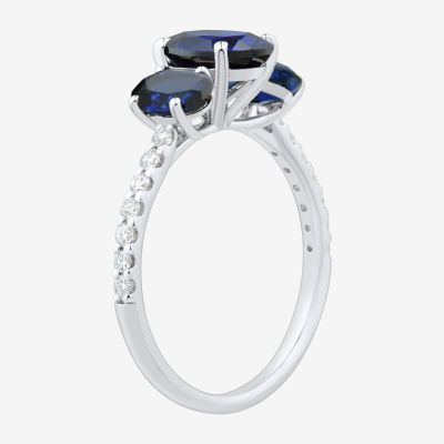 Womens 1/5 CT. T.W. Lab Created Blue Sapphire 10K White Gold 3-Stone Side Stone Cocktail Ring