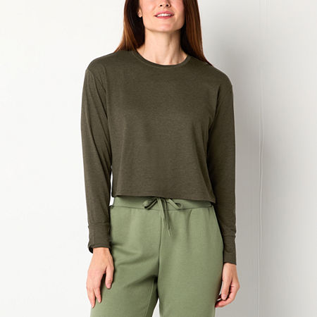 Xersion Womens Everyday Crew Neck Long Sleeve T-Shirt, Petite Large, Green