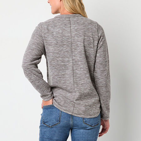 St. John's Bay Polar Fleece Womens V Neck Long Sleeve Sweatshirt, Petite Small, Gray