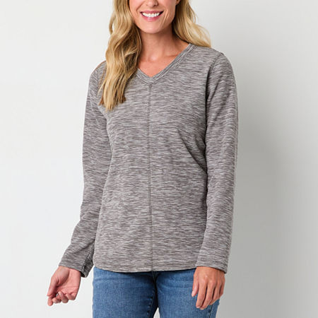 St. John's Bay Polar Fleece Womens V Neck Long Sleeve Sweatshirt, Petite Small, Gray