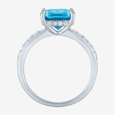 Womens Lab Created Blue Topaz Sterling Silver Side Stone Solitaire Cocktail Ring