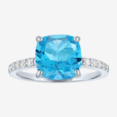 Womens Lab Created Blue Topaz Sterling Silver Side Stone Solitaire Cocktail Ring