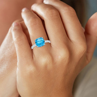 Womens Lab Created Blue Topaz Sterling Silver Side Stone Solitaire Cocktail Ring