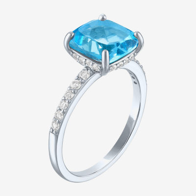 Womens Lab Created Blue Topaz Sterling Silver Side Stone Solitaire Cocktail Ring