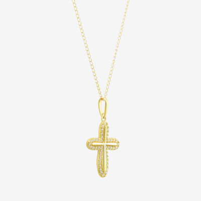 Girls White Cubic Zirconia 14K Gold Cross Pendant Necklace