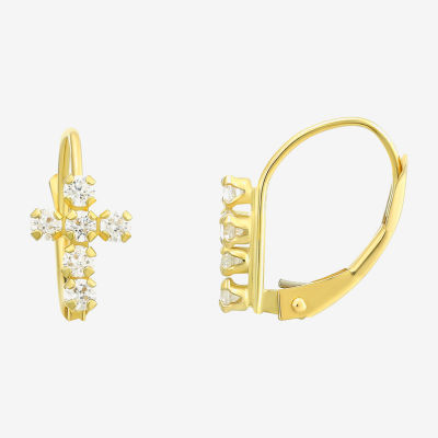 Religious Jewelry White Cubic Zirconia 14K Gold Cross Drop Earrings