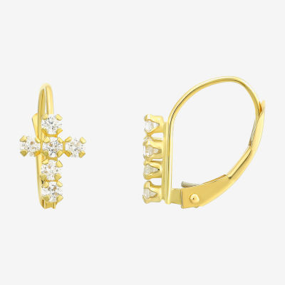 White Cubic Zirconia 14K Gold Cross Drop Earrings