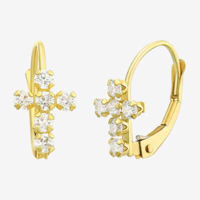 White Cubic Zirconia 14K Gold Cross Drop Earrings