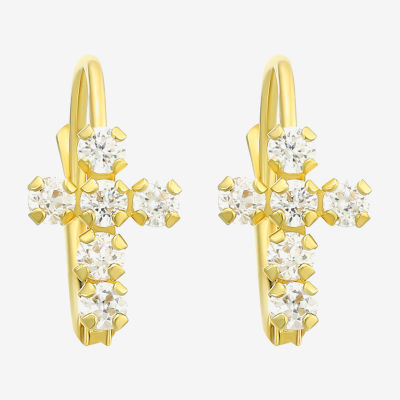 White Cubic Zirconia 14K Gold Cross Drop Earrings