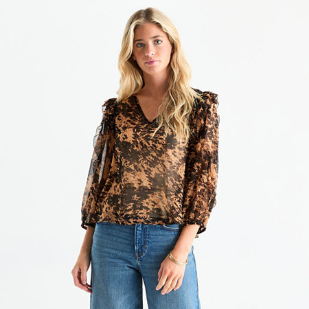 a.n.a Womens V Neck Long Sleeve Blouse, Petite Medium, Black