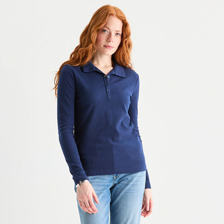 St. John's Bay Womens Long Sleeve Polo Shirt In Blue