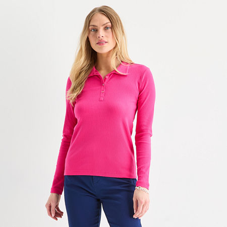 St. John's Bay Womens Long Sleeve Polo Shirt In Pink
