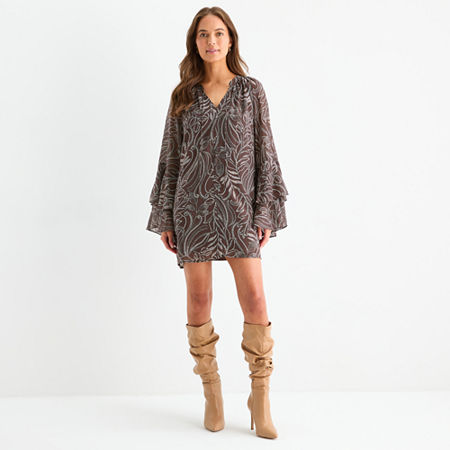 a.n.a Womens Long Sleeve Peasant Dress, Petite Large, Beige