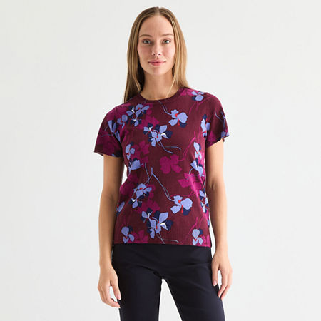 Liz Claiborne Womens Crew Neck Short Sleeve Floral Pullover Sweater, Petite X-small, Red