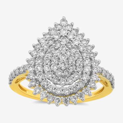 (J-K / I1-I2) Womens 1 CT.T.W. Lab-Grown Diamond 10K Gold Pear Halo SIde Stone Cocktail Ring