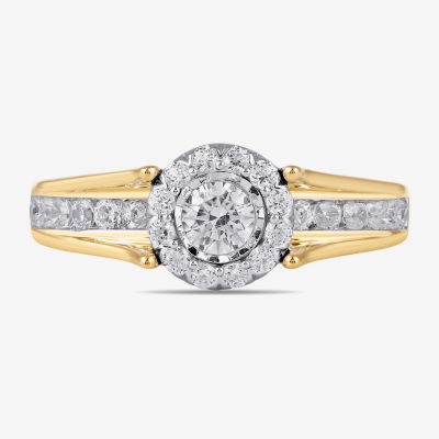 (H-I / I1-I2) Womens 1 CT. T.W. Lab Grown White Diamond 14K Gold Round Side Stone Halo Engagement Ring