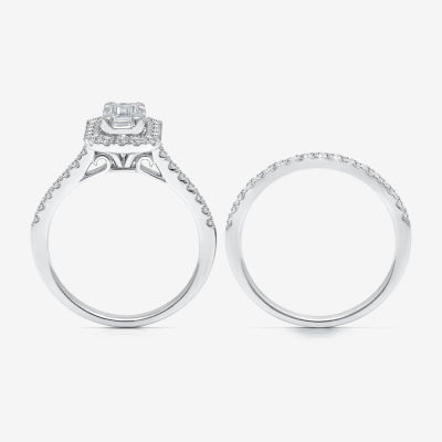 Womens 1 CT. T.W. Natural White Diamond 14K White Gold Side Stone Halo Bridal Set