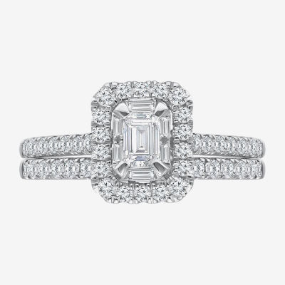 Womens 1 CT. T.W. Mined White Diamond 14K White Gold Side Stone Halo Bridal Set