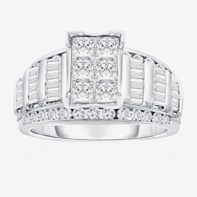 Womens 2 CT. T.W. Natural White Diamond 14K White Gold Rectangular Engagement Ring