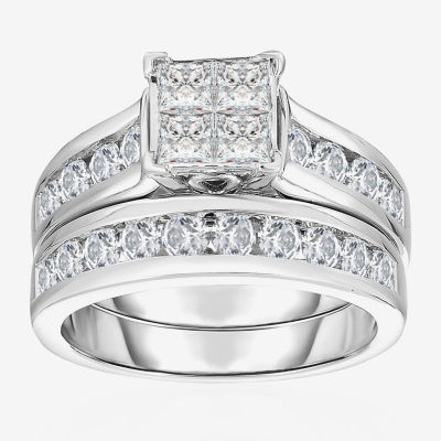 Womens 2 CT. T.W. Natural White Diamond 14K White Gold Side Stone Bridal Set