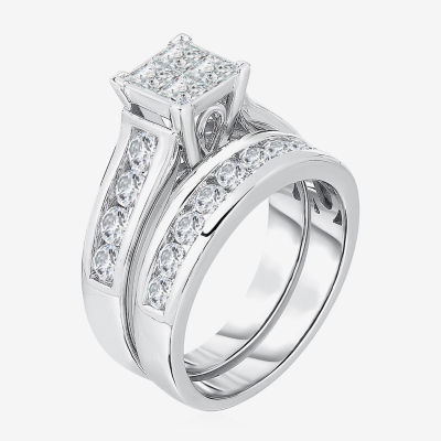 Womens 2 CT. T.W. Natural White Diamond 14K White Gold Square Side Stone Bridal Set