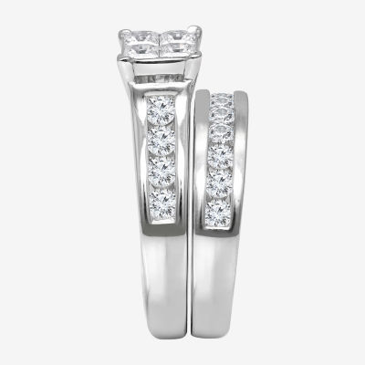 Womens 2 CT. T.W. Natural White Diamond 14K White Gold Square Side Stone Bridal Set