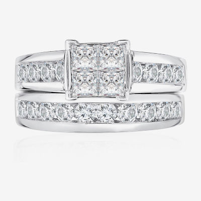 Womens 2 CT. T.W. Mined White Diamond 14K White Gold Square Side Stone Bridal Set
