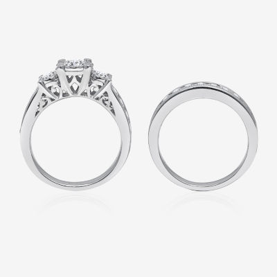 Womens 2 CT. T.W. Natural White Diamond 14K White Gold Round Side Stone 3-Stone Bridal Set