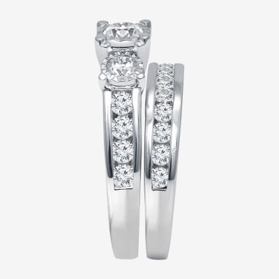 Womens 2 CT. T.W. Natural White Diamond 14K White Gold Round Side Stone 3-Stone Bridal Set