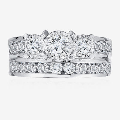 Womens 2 CT. T.W. Natural White Diamond 14K White Gold Round Side Stone 3-Stone Bridal Set