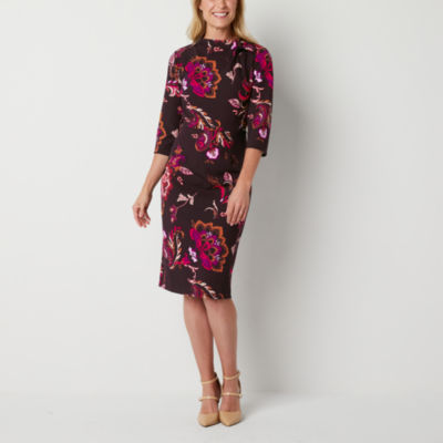 Liz Claiborne Short Sleeve Paisley Midi A-Line Dress, Color: Plum ...