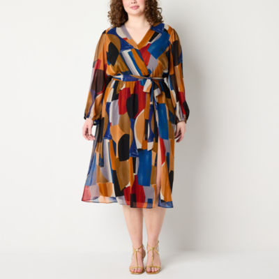Isabel & Nina Plus 3/4 Sleeve Geometric Midi Fit + Flare Dress