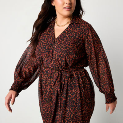 Studio 1 Womens Plus Long Sleeve Animal Fit + Flare Dress