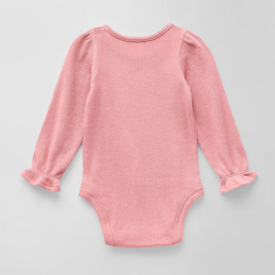 Okie Dokie Waffle Knit Baby Girls Round Neck Long Sleeve Bodysuit