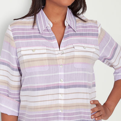 Alfred Dunner Charm School Womens 3/4 Sleeve Regular Fit Button-Down Shirt