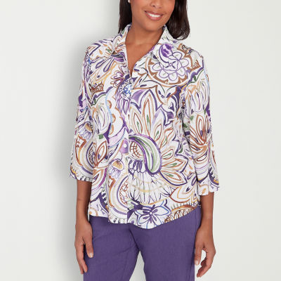 Alfred Dunner Charm School Womens 3/4 Sleeve Regular Fit Button-Down Shirt