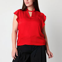 Worthington Womens Keyhole Neck Short Sleeve Satin Blouse, Large, Red