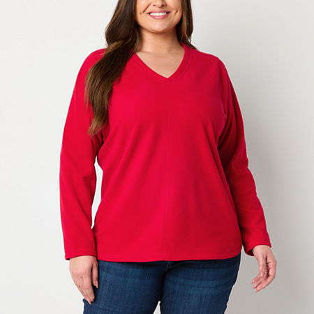 St. John's Bay Plus Polar Fleece Womens V Neck Long Sleeve Sweatshirt, 0x, Red