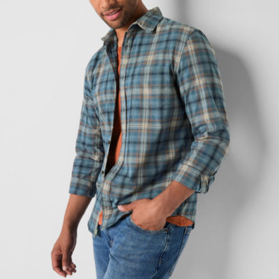 mutual weave Mens Long Sleeve Poplin Plaid Button-Down Shirt