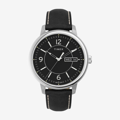 Timex watch men's black leather strap sale