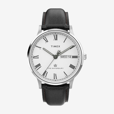 Timex watch men's black leather clearance strap