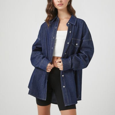 Forever 21 Juniors Denim Womens Long Sleeve Oversized Button-Down Shirt