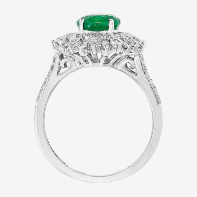 Effy Final Call Womens 5/8 CT. T.W. Genuine Green Emerald 14K White Gold Halo Cocktail Ring