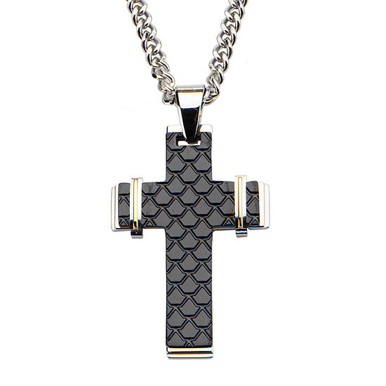 Inox® Mens Tri-Tone Stainless Steel Fish Scale Cross Pendant Necklace