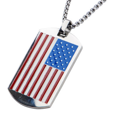 Inox® Mens Stainless Steel American Flag Dog Tag Pendant Necklace