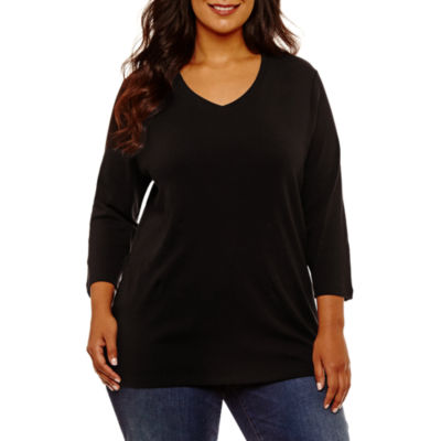 St. John's Bay Womens Plus V Neck 3/4 Sleeve T-Shirt