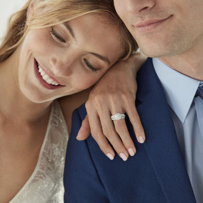 (H-I / I1) Womens 2 CT. T.W. Lab Grown White Diamond 10K White Gold Cushion Side Stone Halo Bridal Set