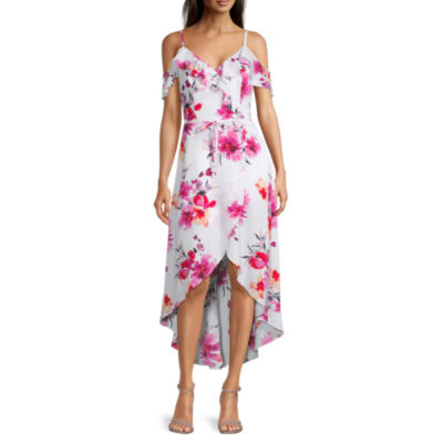 byu0026by Juniors Cold Shoulder Floral High-Low Fit + Flare Dress